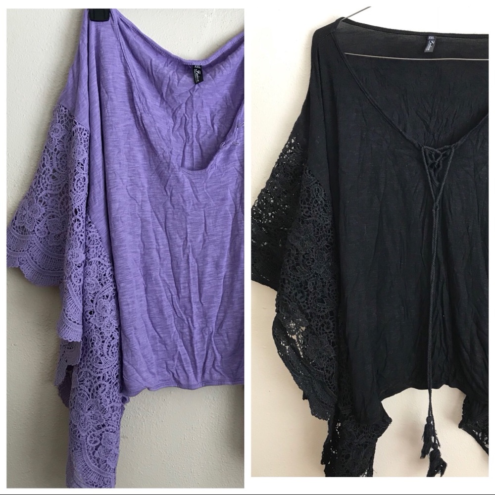 Bundle Two Box Cut Crochet Sleeved Lace Up Tops